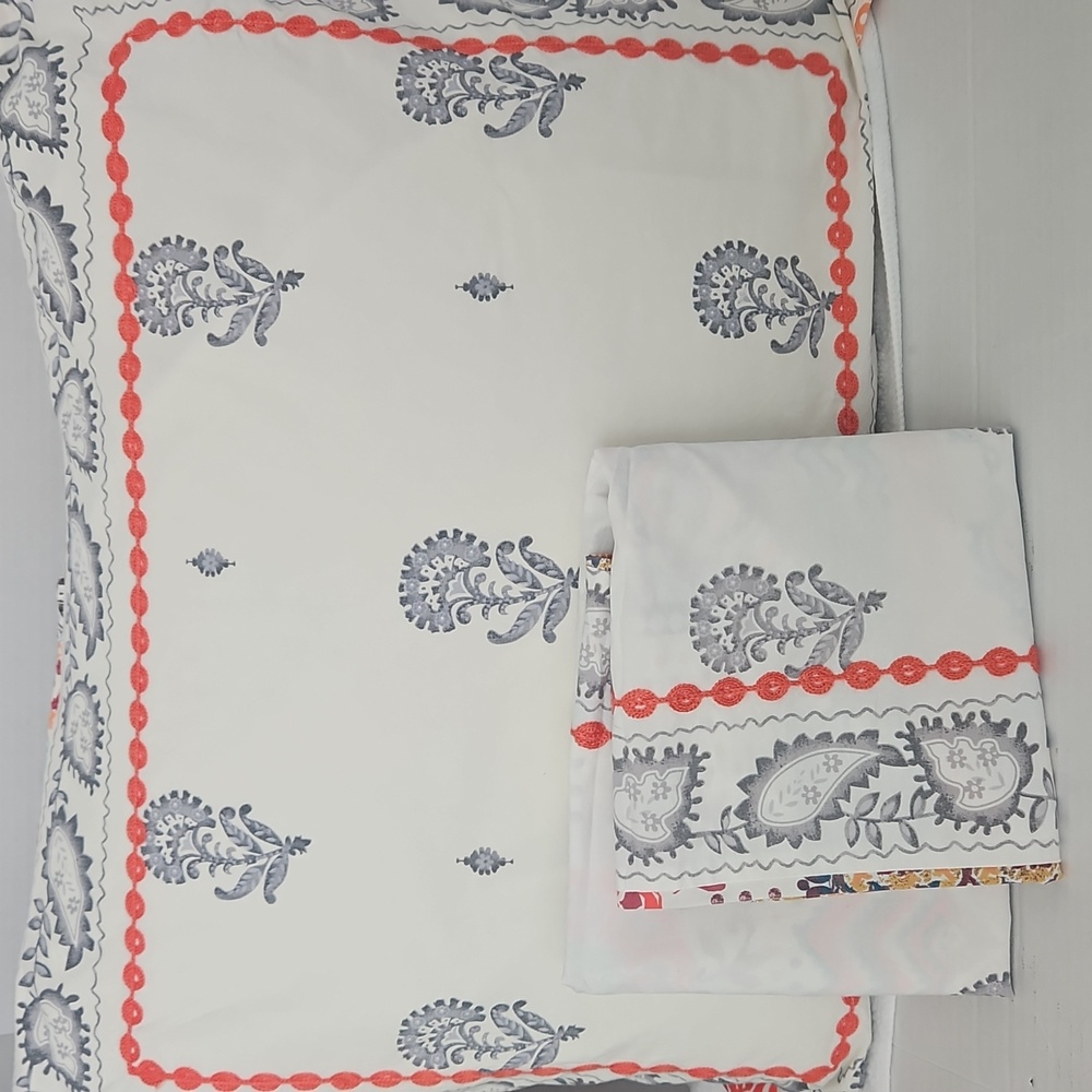 Anthology Cream Gray Orange Embroidered Trim Floral Boho Standard Pillow Shams